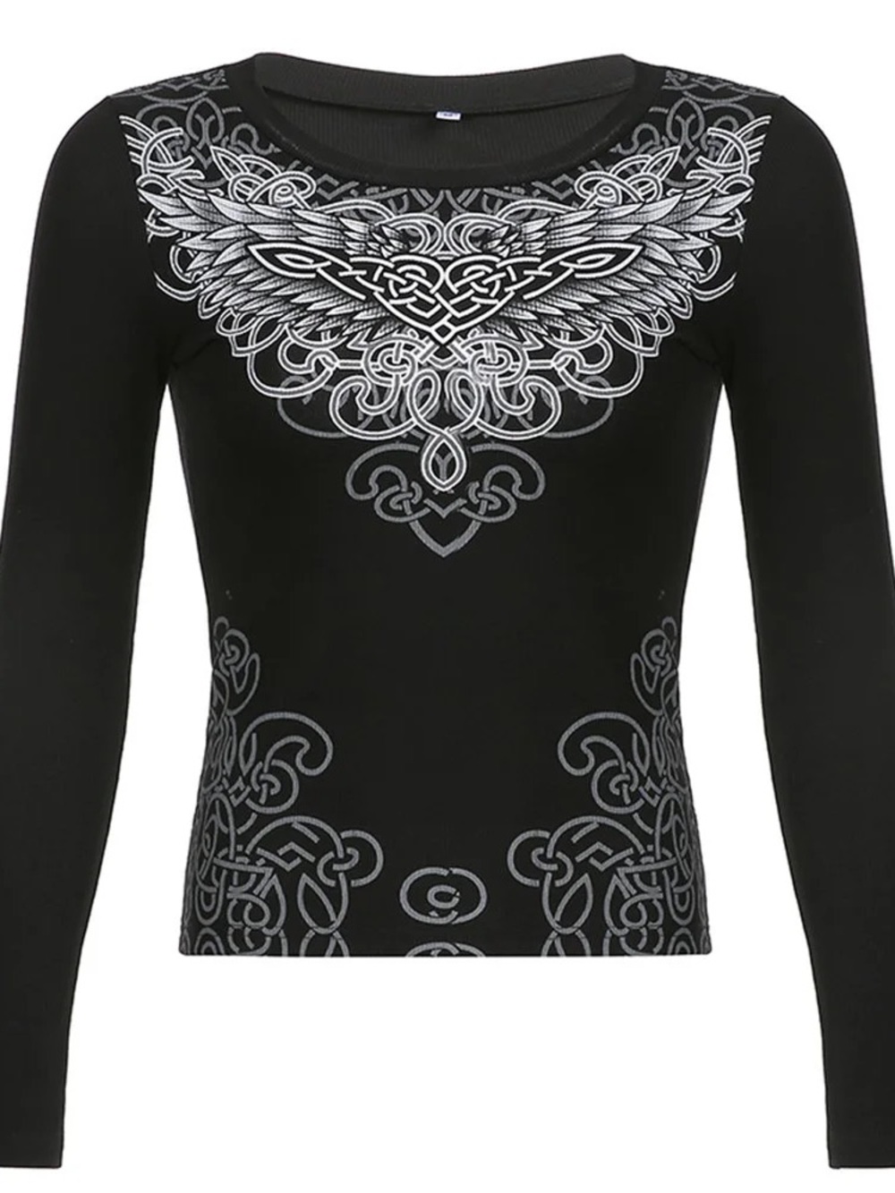 Black Long-Sleeve Top with Silver Celtic Wing Design y2k grunge